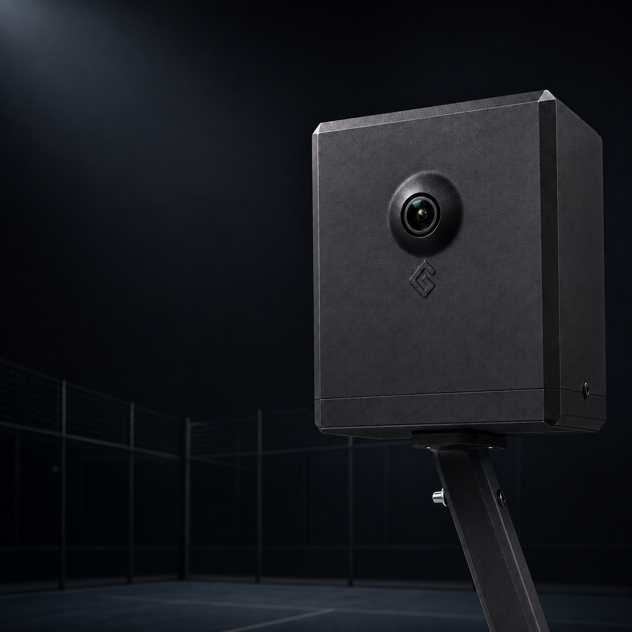 GAMETRAQ 6 AI padel camera mounted above a padel court at night — 4K 90 FPS on-device computer vision
