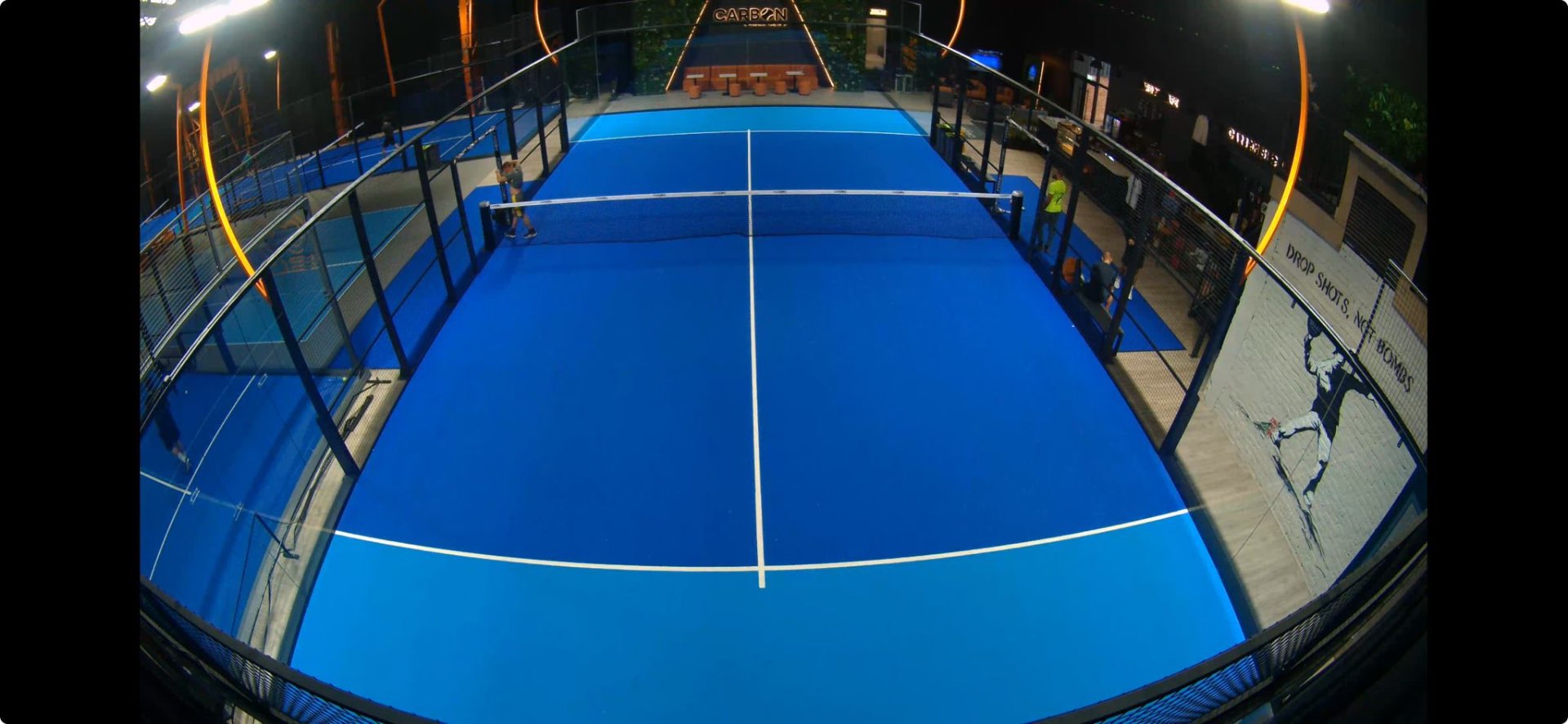 Full-court 4K view captured by the GAMETRAQ 6 AI padel camera at an indoor club