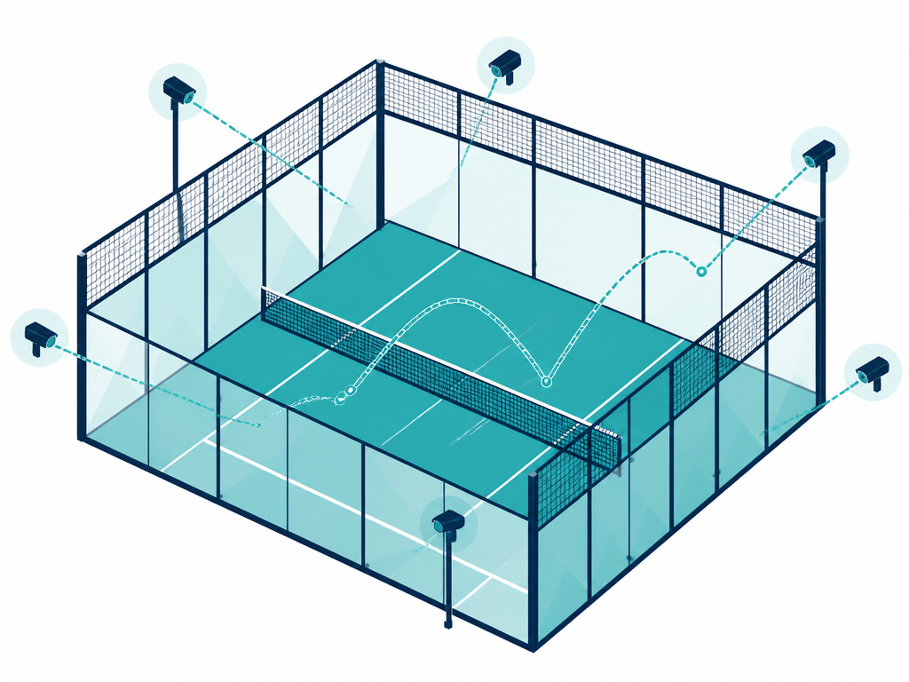 Illustration of AI line calling cameras tracking a ball around a padel court